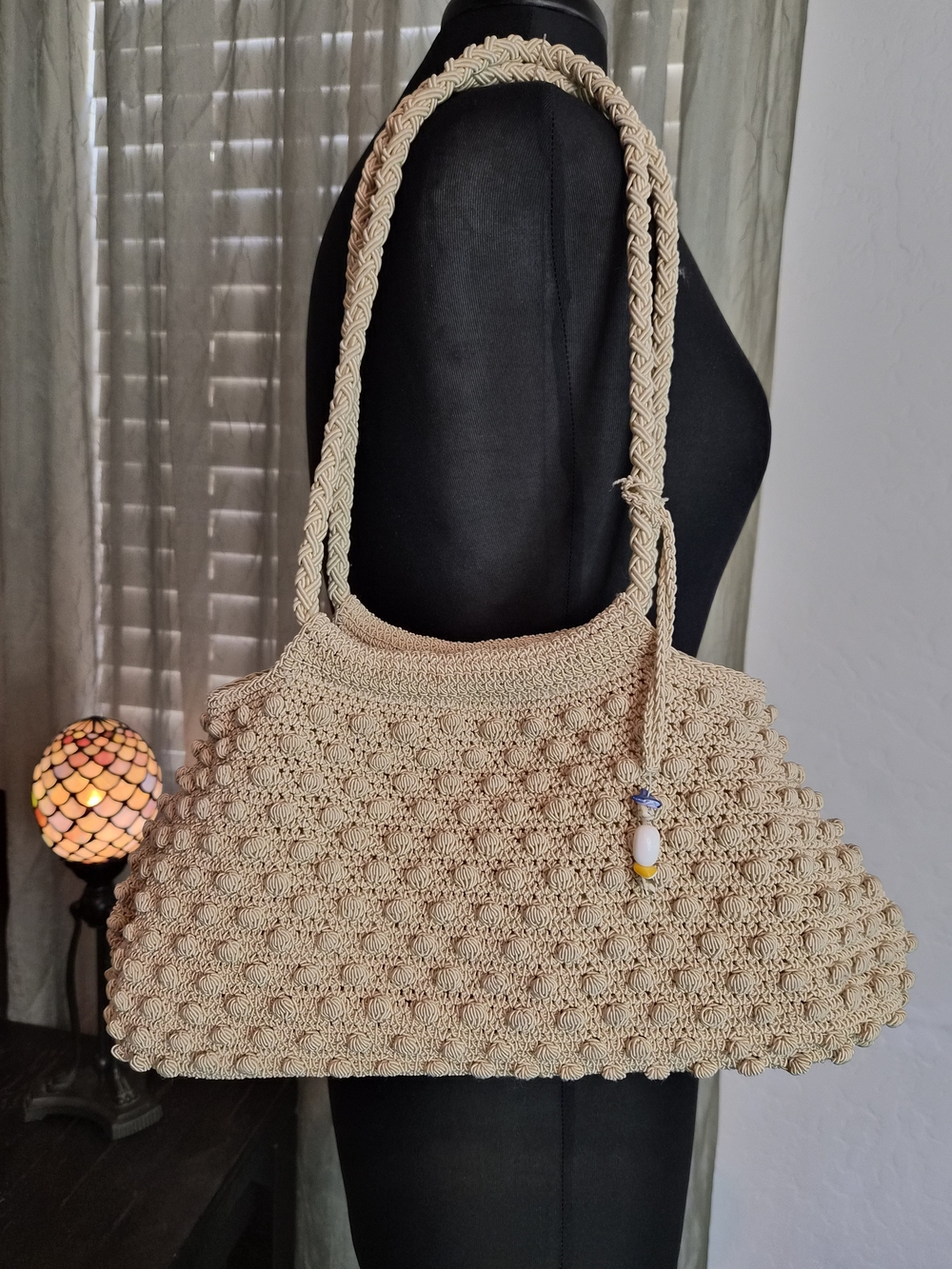 Woven Crochet Boho Shoulder Bag in Natural Beige #0309